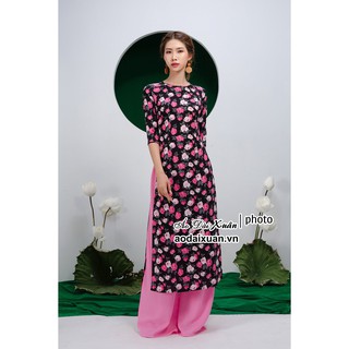 Áo dài đen hoa nhí hồng - kiểu áo dài cách tân 190610