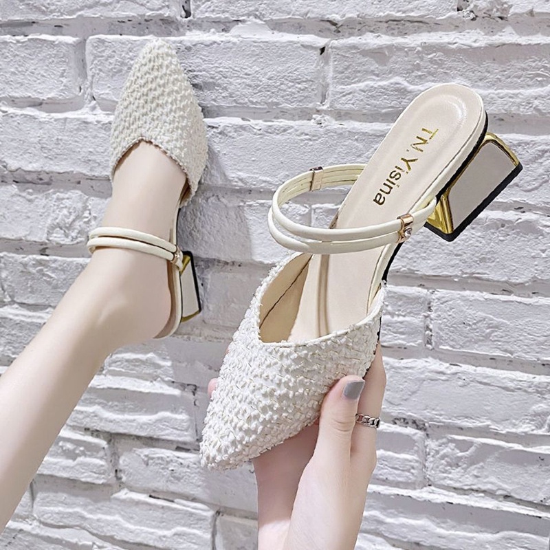 Giày sandal IELGY mũi nhọn đế thô màu xanh lá cây hai kiểu mang dễ phối đồ dành cho nữ
