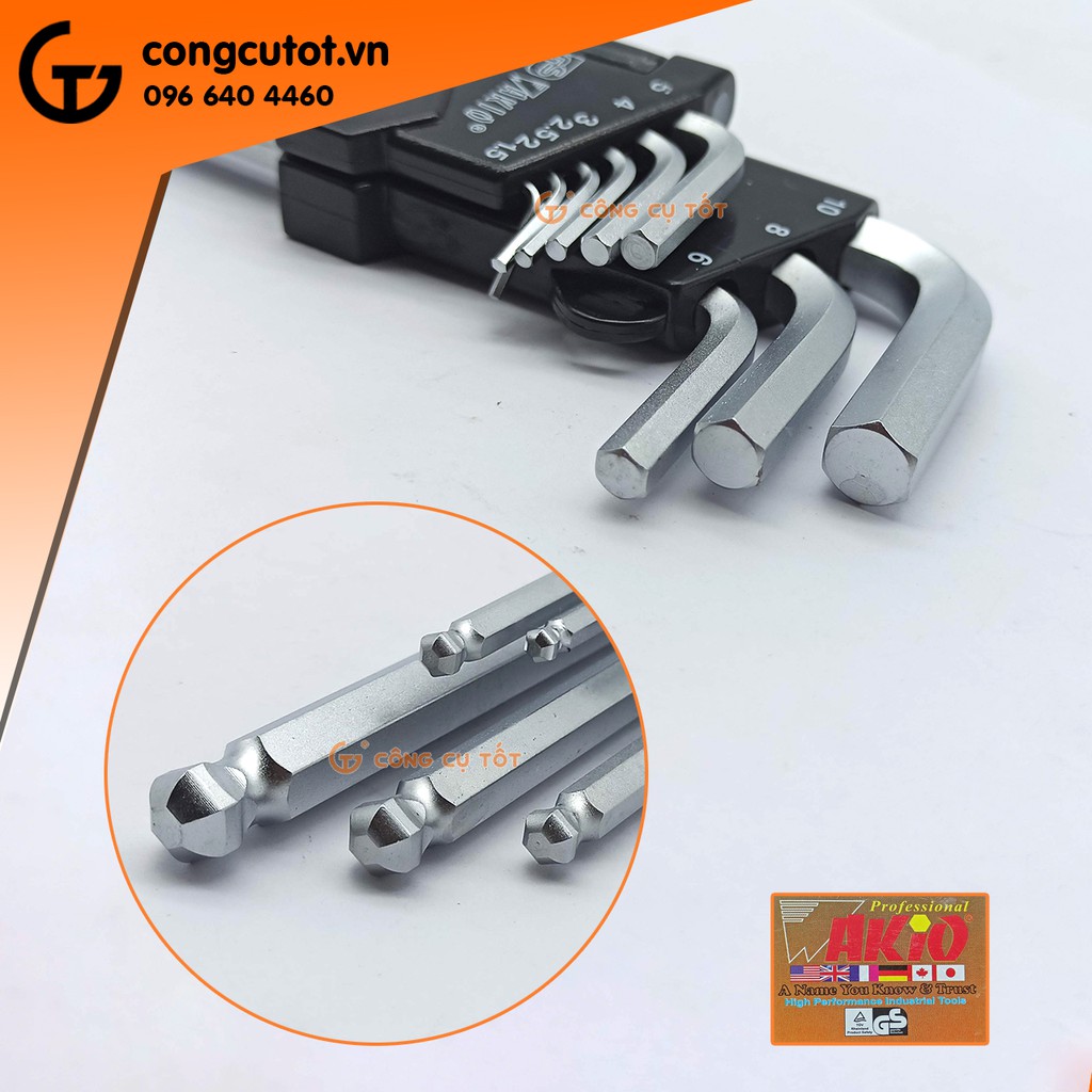 Bộ lục giác 9 cây đầu bi 1.5-10mm WAKIO thép S2 xi trắng loại dài 235mm