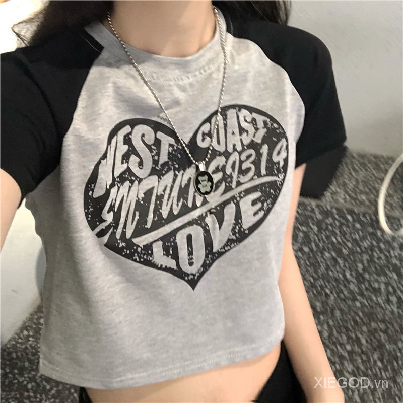 2021Summer American Sweetheart Korean Style Cool Sweet Girl Niche Fashion Slimming Raglan Sleeve Love LettersTT-shirt