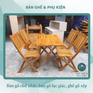 Bàn gỗ xếp quán cafe, trà chanh và ghế gỗ xếp
