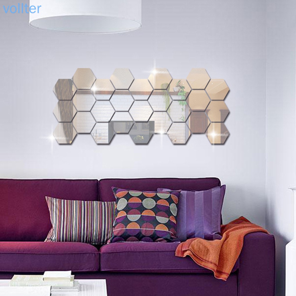 Set 12 miếng gương dán tường hình lục giác 3D dành cho trang trí nội thất