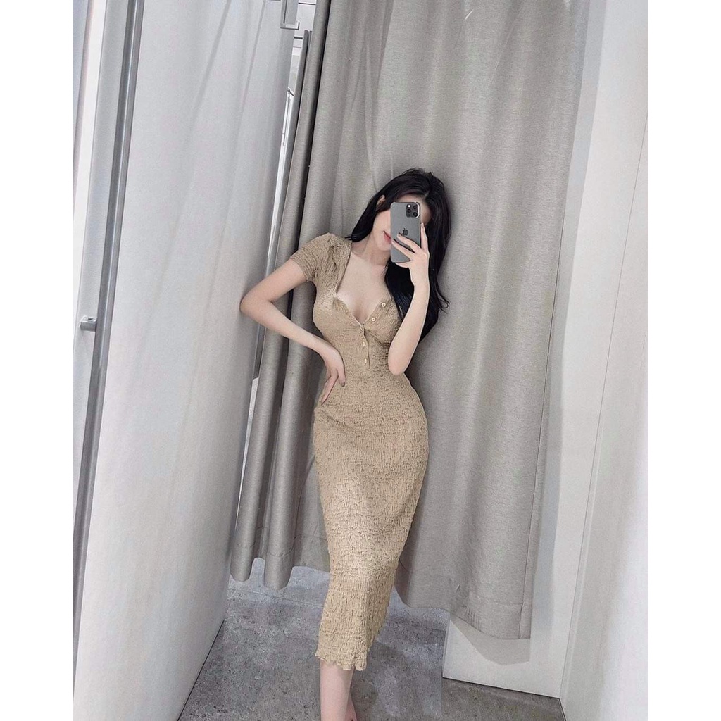 Váy body sun dáng dài khuy ngực co giãn 4 chiều ôm sát body quyến rũ | BigBuy360 - bigbuy360.vn