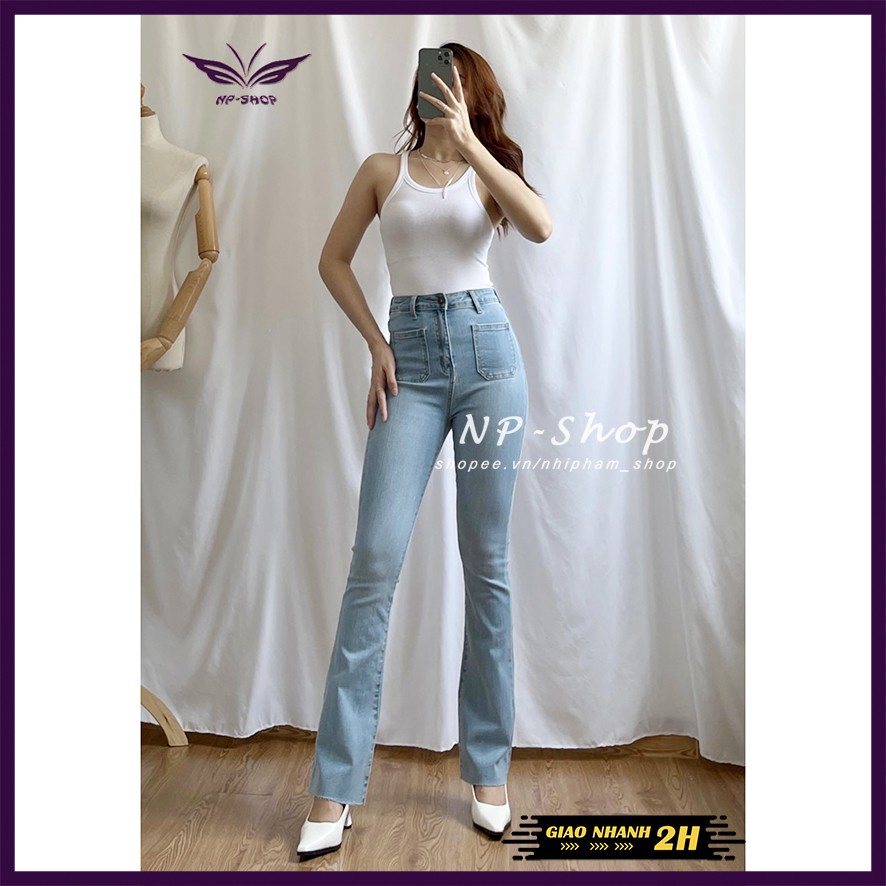 Quần jean ống loe NPSHOP lưng cao túi vuông cắt lai , quần bò nữ cạp cao loe nhẹ dài sang chảnh | BigBuy360 - bigbuy360.vn