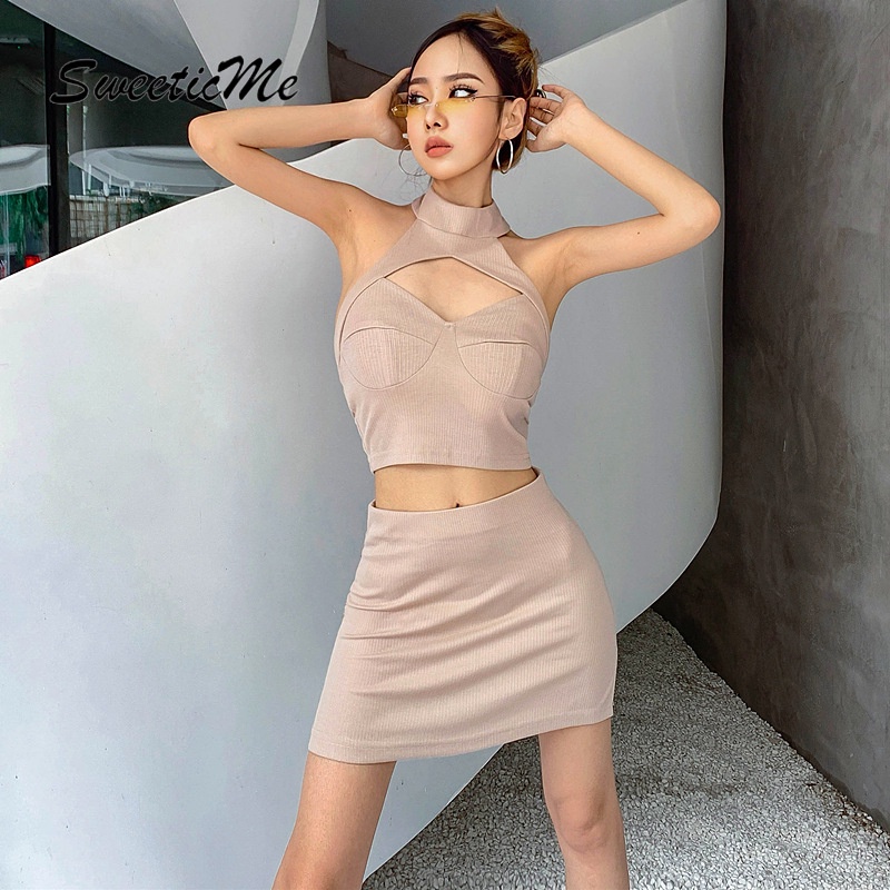 Bộ Áo Sát Nách Cổ Tròn Phối Chân Váy Ngắn Màu Trơn Thời Trang   Quyến Rũ Cho Nữ