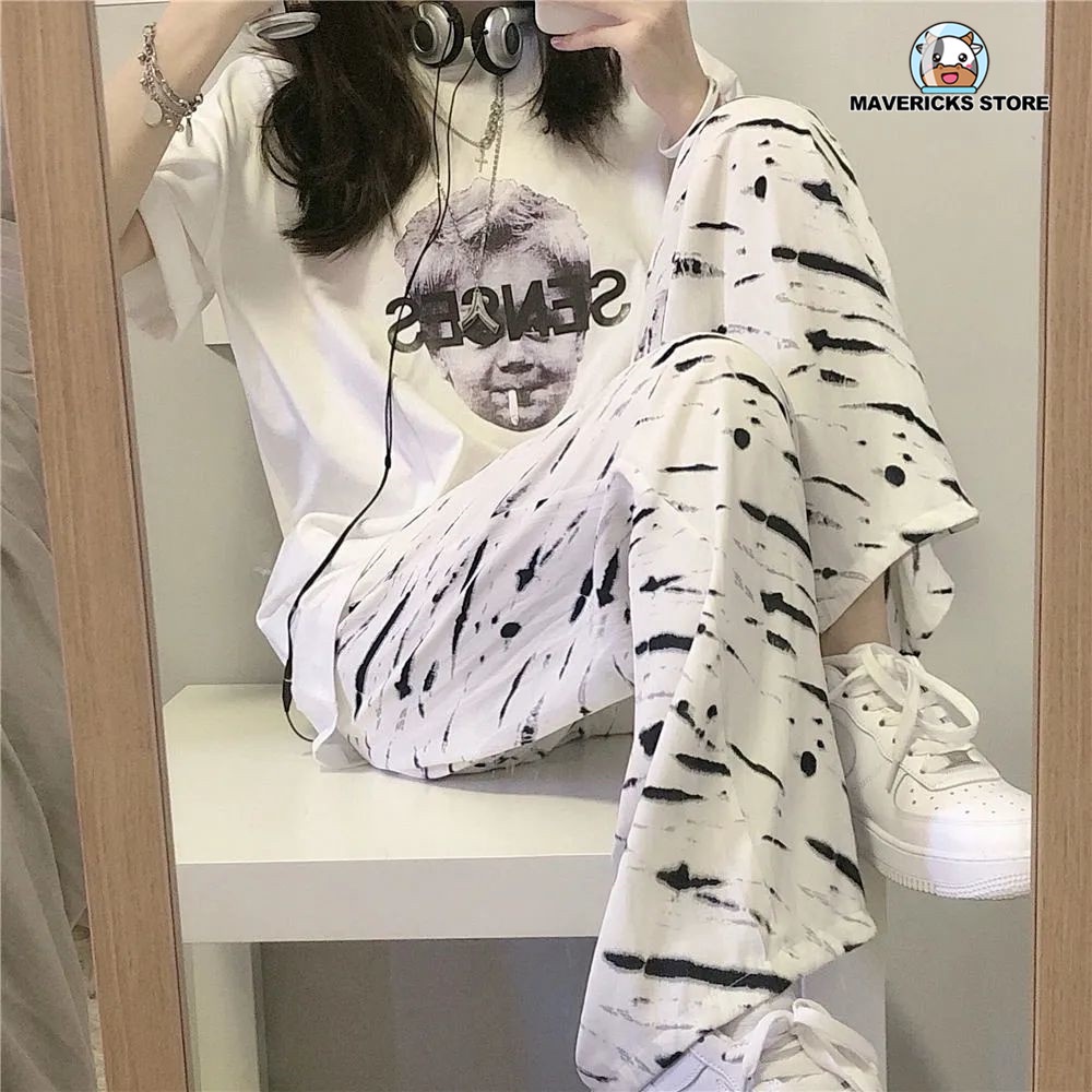 Áo thun tay ngắn/ Quần dài ống rộng in họa tiết sọc ngựa vằn phong cách Hàn Quốc thời trang dành cho nữ