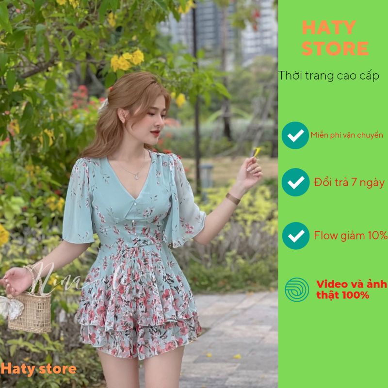 Váy voan hoa nhí hai lớp dạng jum nhúm cổ chữ V tay loe có lót ngực màu xanh hàng cao cấp phong cách thời trang HATY 3