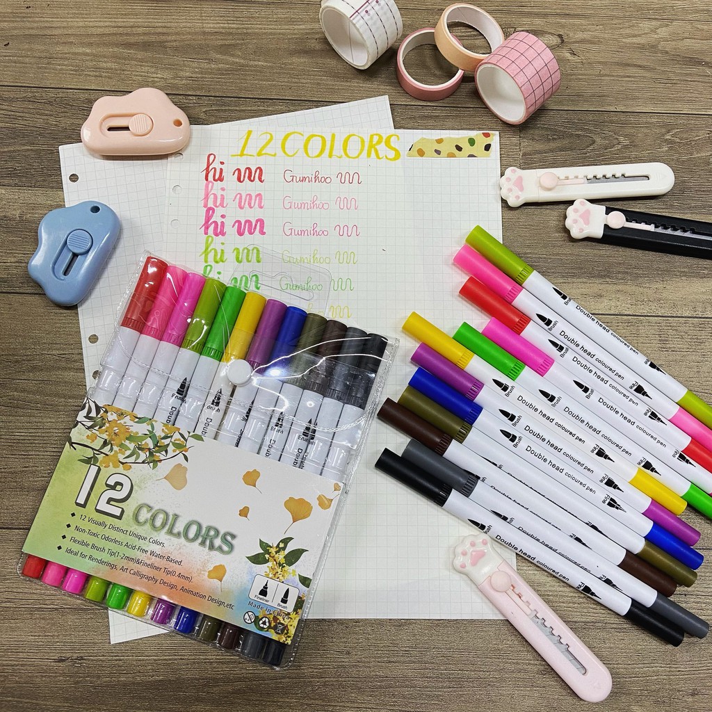 Set 12/24 Bút Highlight Brush ngòi lông 2 đầu mềm dạ quang đánh dấu tiện lợi