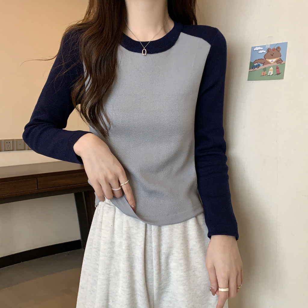 Áo Len Tay Dài Nhiều Lớp Màu Sắc Tương Phản Phong Cách Hàn Quốc Thời Trang Thu Đông Cho Nữ