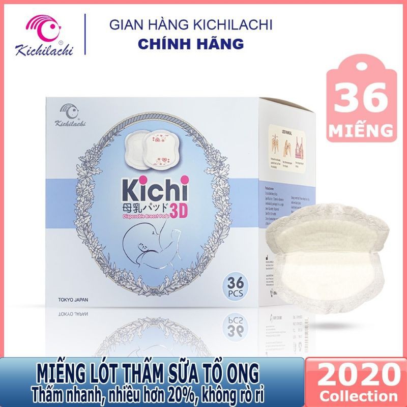 [Chính hãng] Miếng lót thấm sữa Kichilachi 3D, lót thấm sữa dạng tổ ong thấm hút nhanh nhiều, dùng 1 lần (36 miếng)