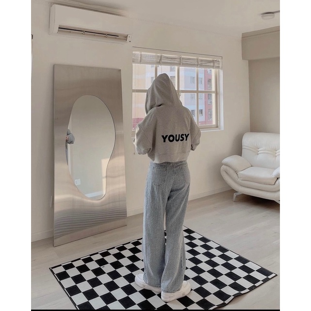 Áo khoác 🌸 Áo croptop kéo khoá zip hoodie mũ dày 2 lớp chât nỉ ngoại màu xám in hình YOUSY phong cách Hàn Quốc PHULA