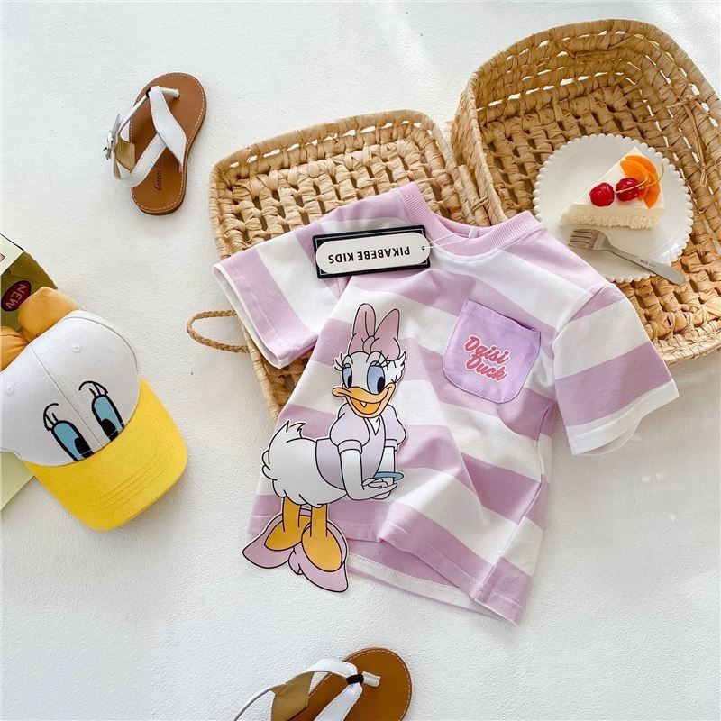 Áo Thun Tay Ngắn Kẻ Sọc Vải Cotton In Hoạt Hình Kiểu Hàn Quốc Thời Trang Mùa Hè 2022 Cho Bé