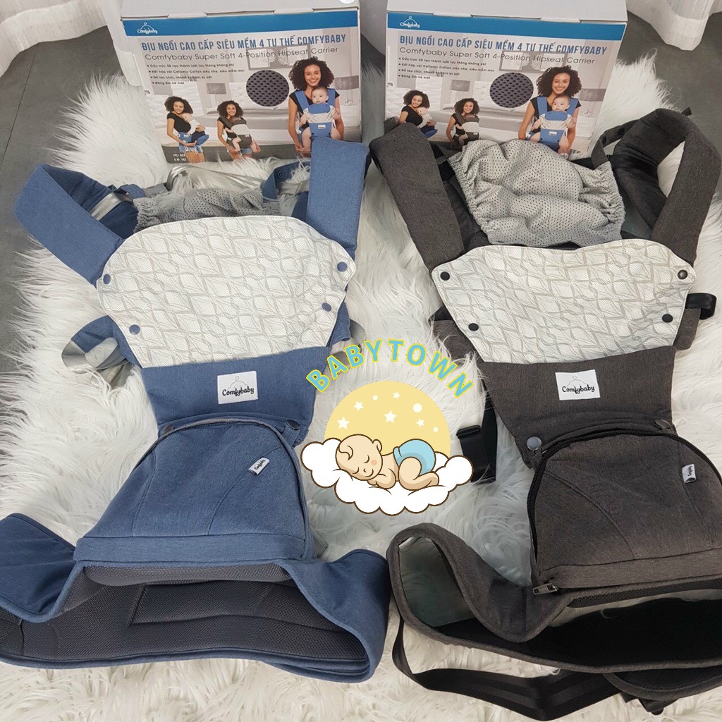 Địu ngồi trẻ em cao cấp siêu mềm - siêu thoáng 4 tư thế Comfybaby CF119HC003 cho bé từ sơ sinh tới 36 tháng có mũ đỡ đầu