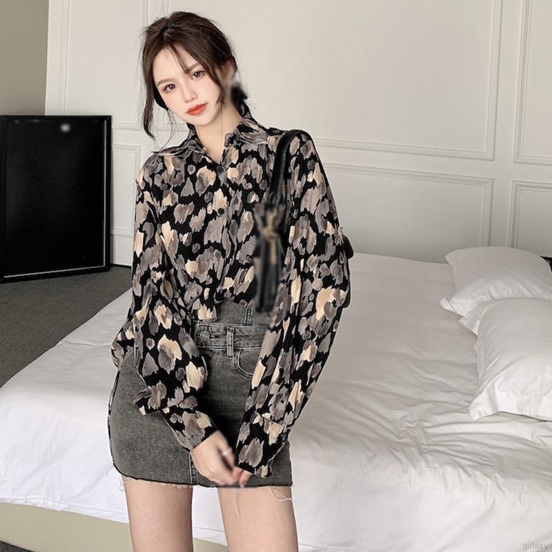 Áo sơ mi tay dài dáng rộng in họa tiết phong cách Hàn Quốc thời trang cho nữ