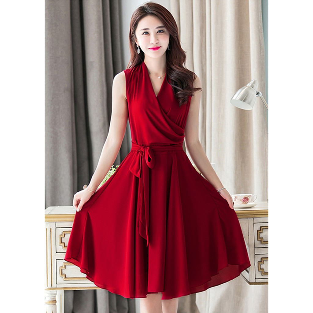 Đầm Xòe Cổ V Cách Điệu Cột Dây Nơ Eo - BY1078