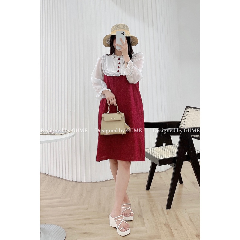 Váy bầu bigsize 40-100kg Vải dạ tăm cao cấp 2 lớp ĐỎ/ĐEN phối organza trắng, cổ bèo đính ngọc MB201)