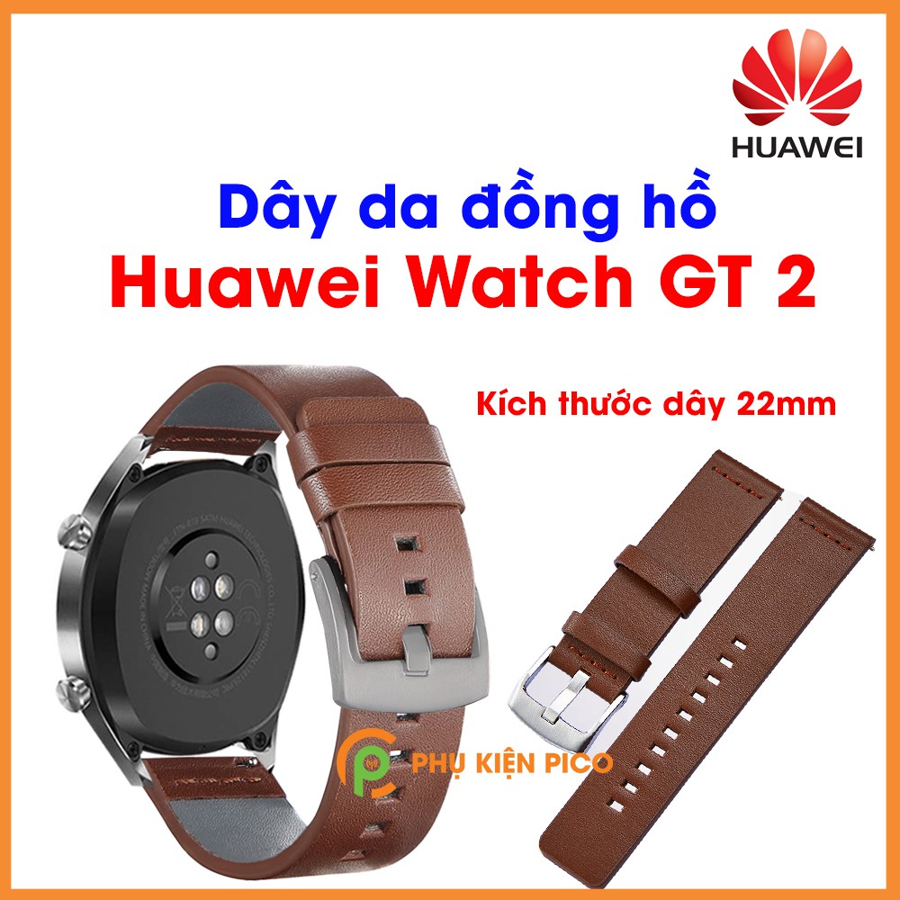 Dây da đồng hồ Huawei Watch GT 2 vân mịn bản 22mm màu đen khóa đen, màu nâu khóa bạc