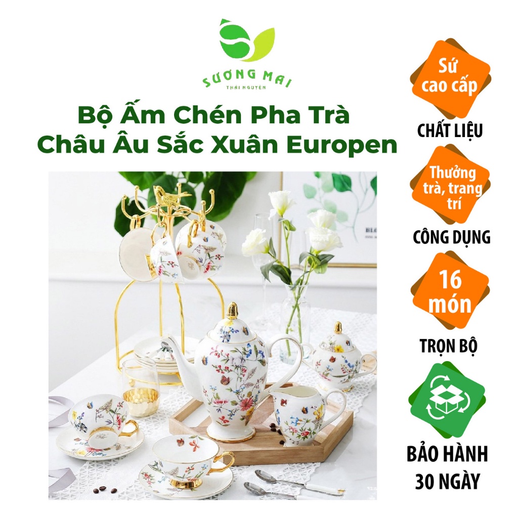 Bộ Ấm Chén Pha Trà Châu Âu Sắc Xuân Europen SƯƠNG MAI Chất Sứ Cao Cấp Hoa Văn Hoa Lá Viền Vàng SM00285