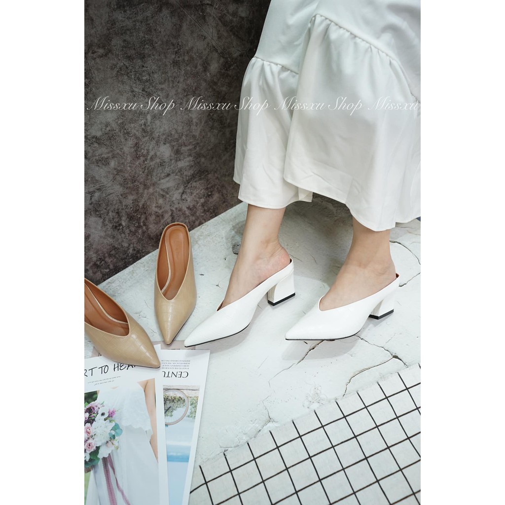 Giày sục nữ mules mũi nhọn da lì gót trụ 5cm thời trang MYSS - SU103