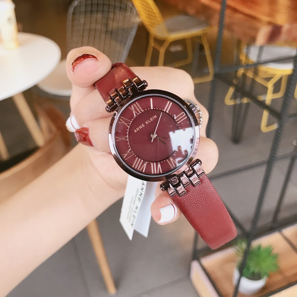 [ Đẳng Cấp ] Mẫu Đồng Hồ Nữ Anne Klein Màu Đỏ Mận Dây Da Chính Hãng Hàng Mỹ Bảo Hành 1 Năm