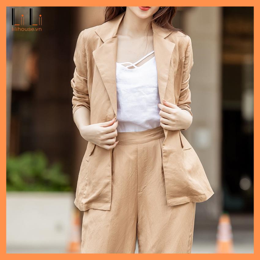 Set áo blazer vest nữ đẹp chất linen cao cấp công sở đẹp có bán kèm quần suông màu kaki | BigBuy360 - bigbuy360.vn