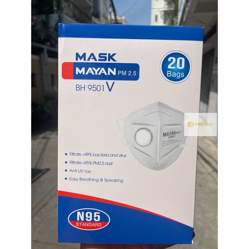 Hộp 40c Khẩu trang MÂYN BH9501V VAN chuẩn N95 ngăn vi k.h.u.ẩ.n 99%, lọc bụi mịn PM 2.5 95%