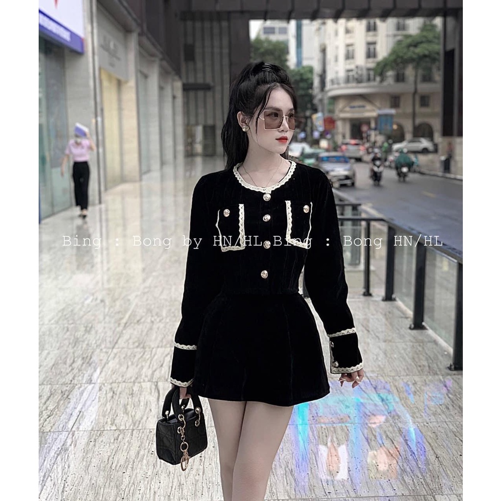 Set nhung viền ren mix chân váy ngắn BN615