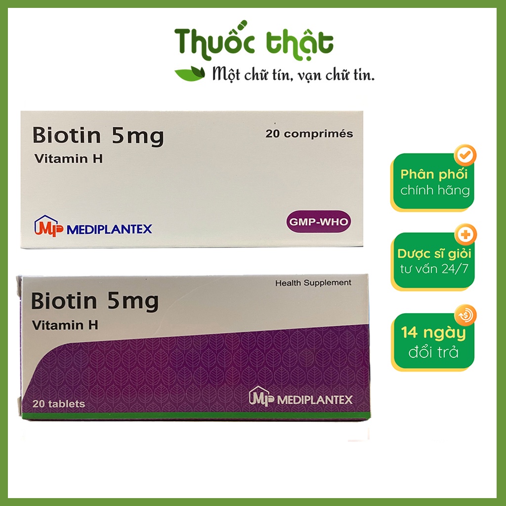 Viên uống Biotin 5mg - Hỗ trợ giảm tình trạng tóc gãy rụng hộp 20 viên