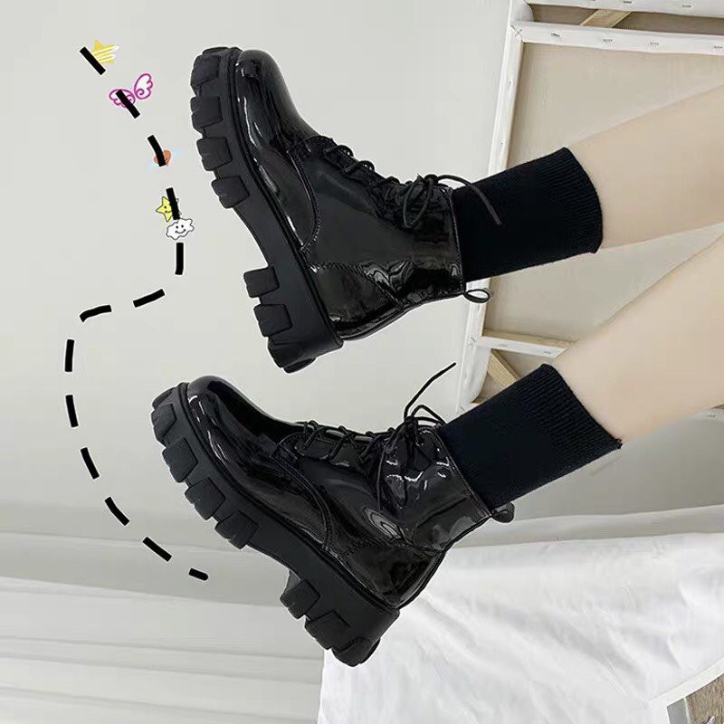 Giày boots martin nữ gót vuông da dày siêu chất