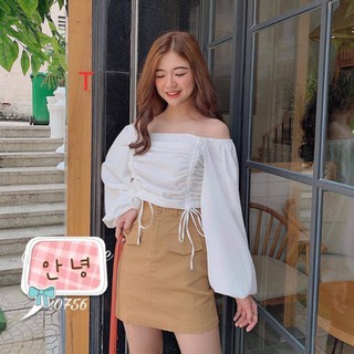 Áo kiểu nữ croptop trễ vai dây rút 2 bên Ulzzang ( Trắng và Đen)