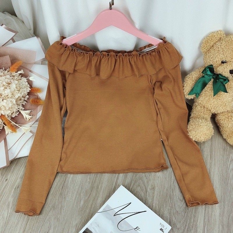 Áo kiểu bẹt vai phối bèo viền chất vải thun gân len 4 chiều FreeSize dưới 53kg dành cho nữ