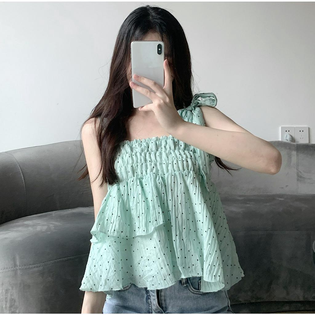 Lalisas Xiaozhainv Áo Hai Dây Dáng Ngắn Họa Tiết Chấm Bi Ngọt Ngào Cho Nữ