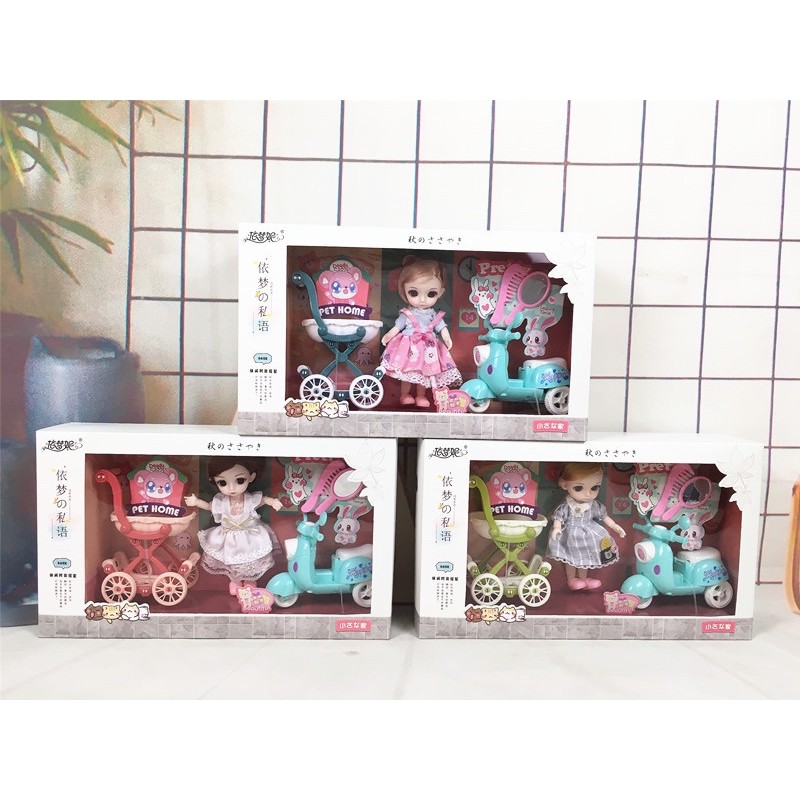 Búp bê Chibi làm bằng cao su non,gồm xe đẩy,xe máy,đồ chơi trang điểm