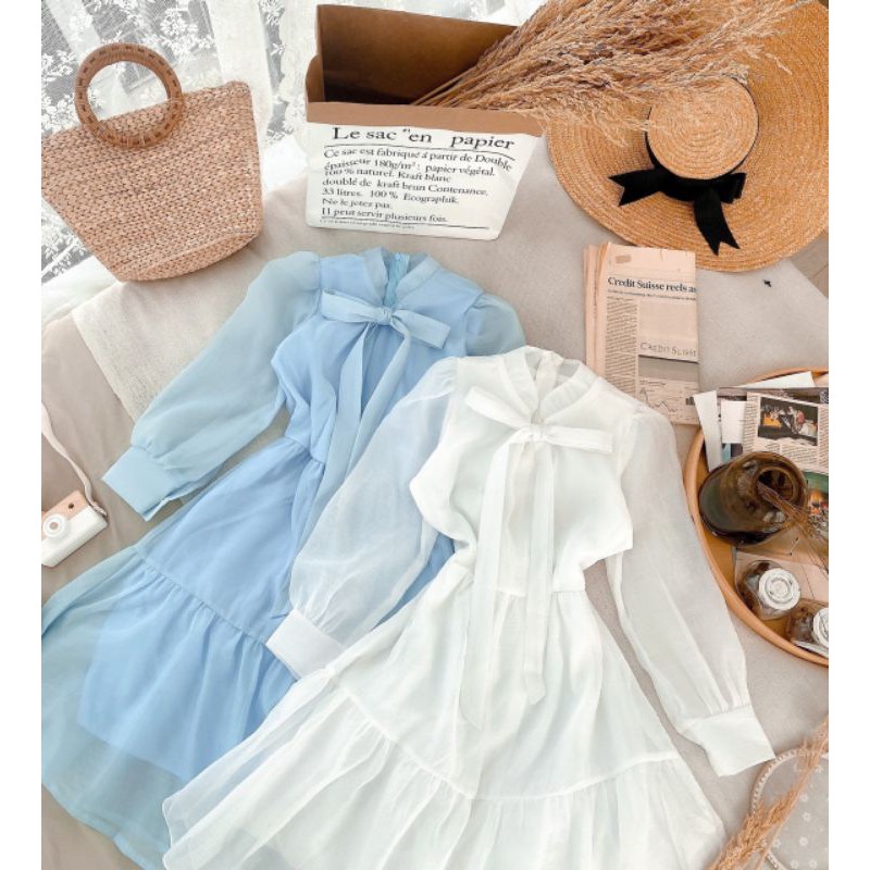 Đầm công sở trắng xanh nơ ngực tơ tầng xinh xắn