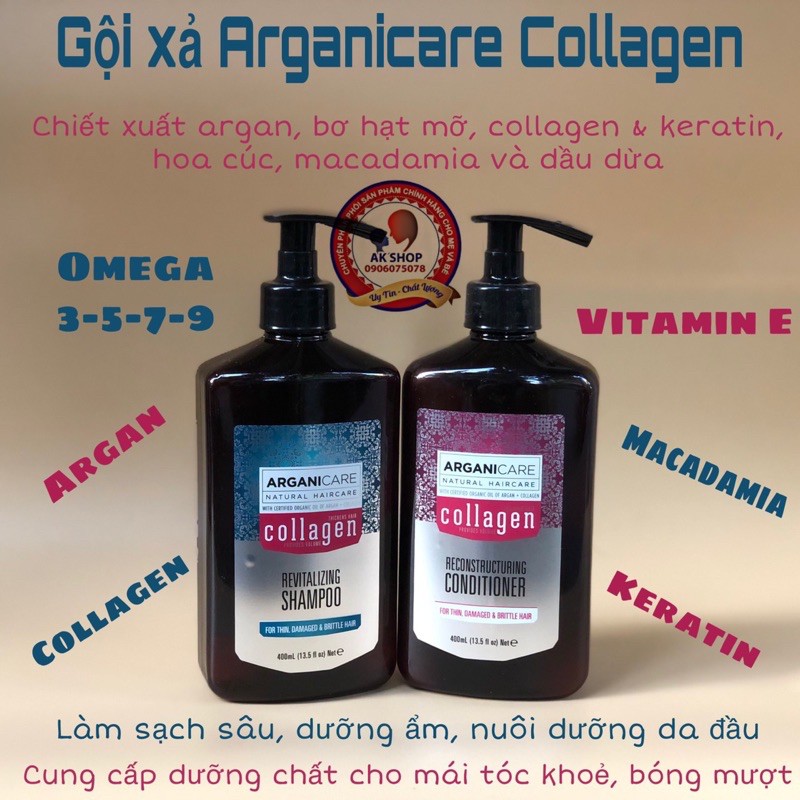 Cặp dầu gội xả Argani care collagen Pháp 400ml/chai