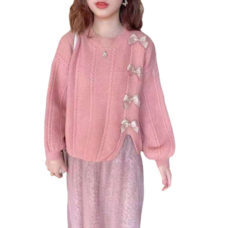 IELGY    Áo sweater Dệt Kim Dáng Rộng Thắt Nơ Phong Cách Nhật Bản Cho Nữ