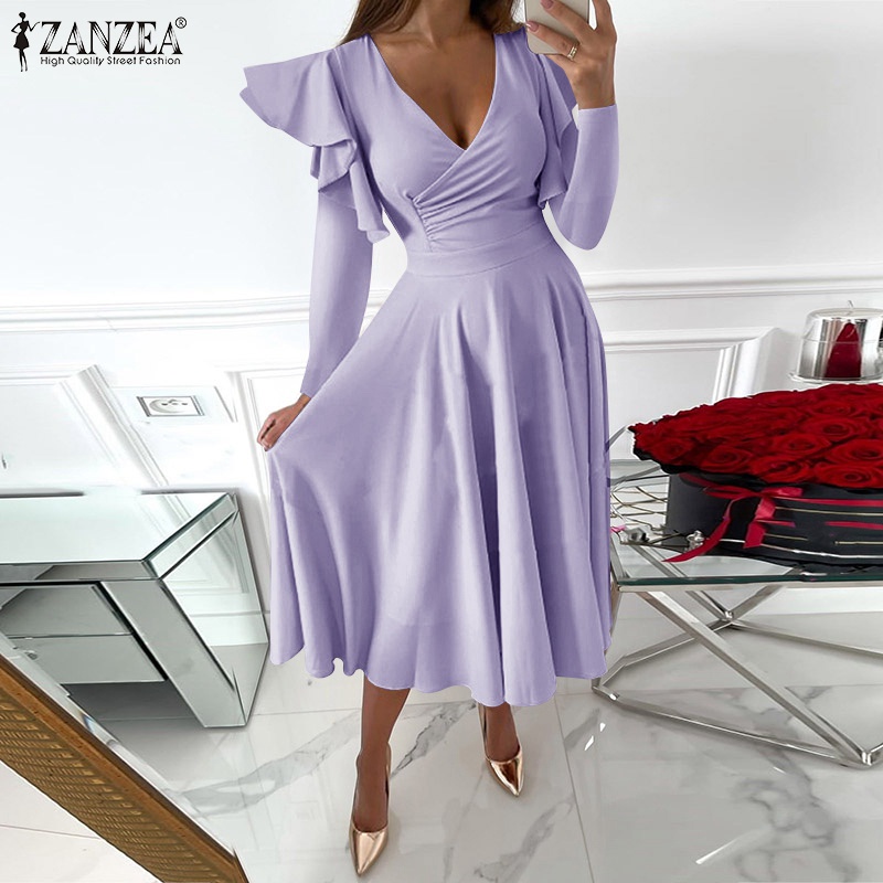 Đầm Zanzea tay dài cổ chữ V eo cao thời trang xinh xắn cho nữ