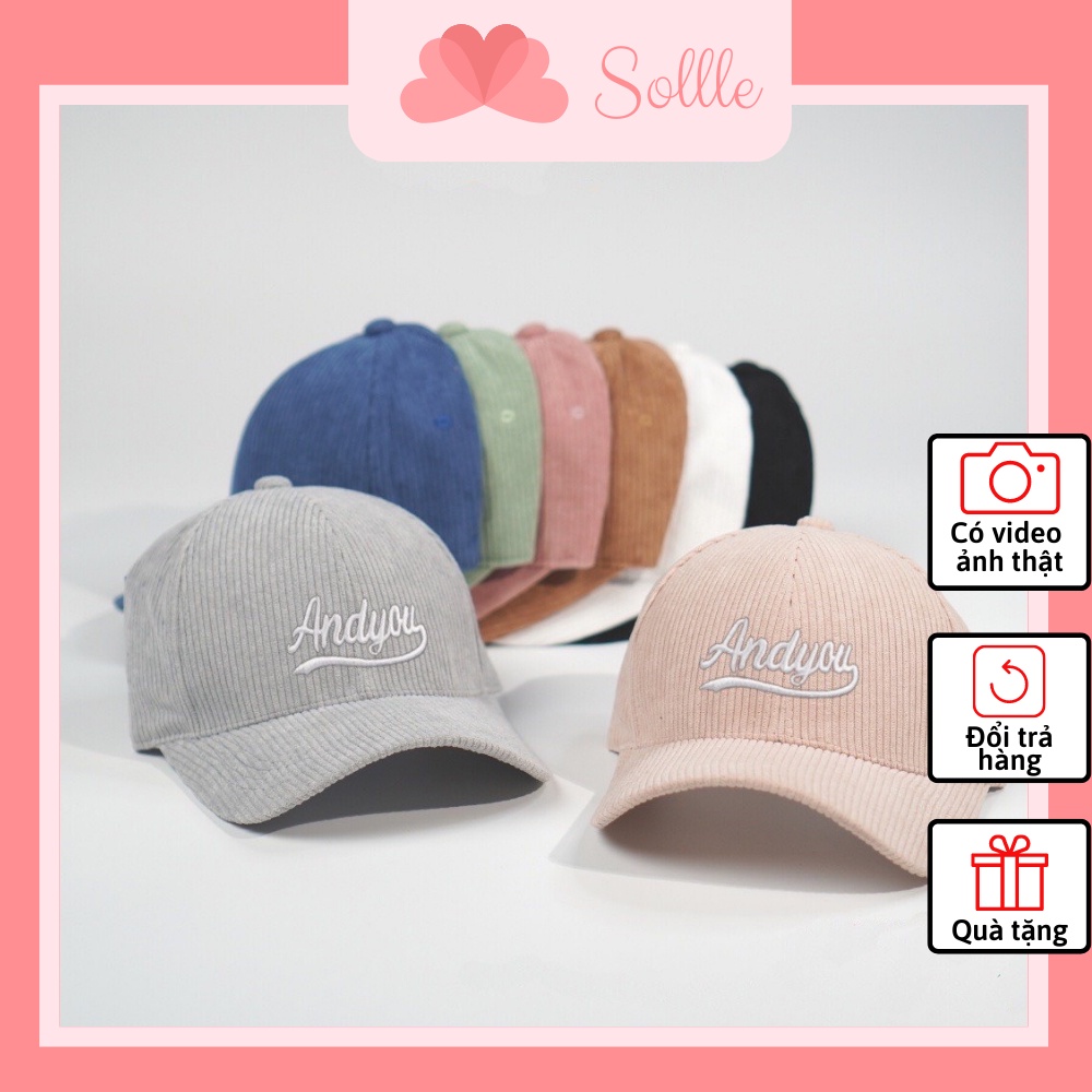 Mũ lưỡi trai nam nữ nỉ nhung gân thêu chữ Andyou, nón kết unisex phong cách Hàn Quốc Sollle