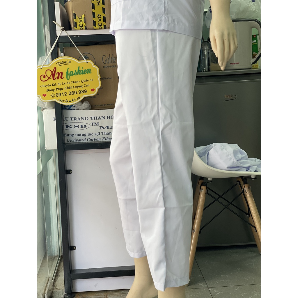 Quần blouse nam nữ trắng cao cấp - Quần lưng thun không túi sang trọng cho bác sĩ, điều dưỡng, y tá vải kaki dầy mịn .