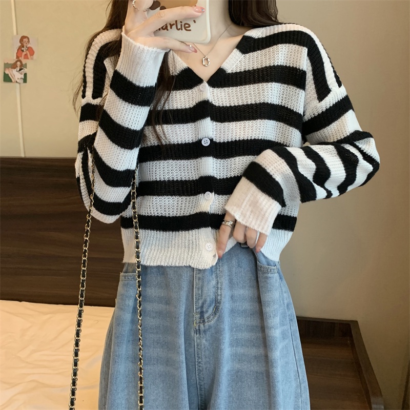 SUXI Áo Khoác Cardigan Dệt Kim Mỏng Dáng Rộng Họa Tiết Kẻ Sọc Thời Trang Cho Nữ