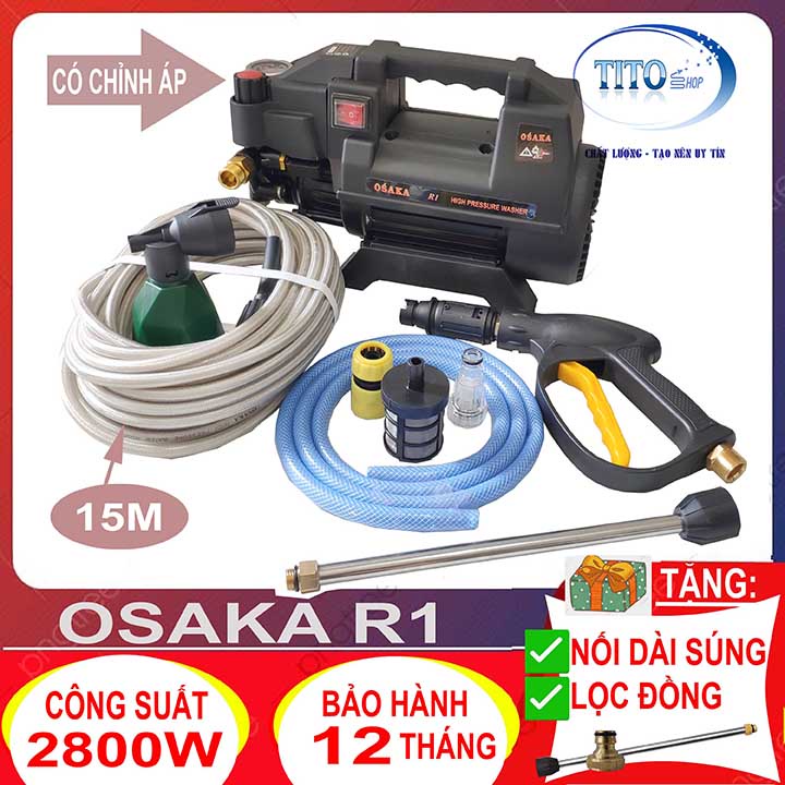 Máy rửa xe chỉnh áp Osaka R1 - 2800W - dây cao áp 15m - tặng cút nối đồng và thanh nối inox.