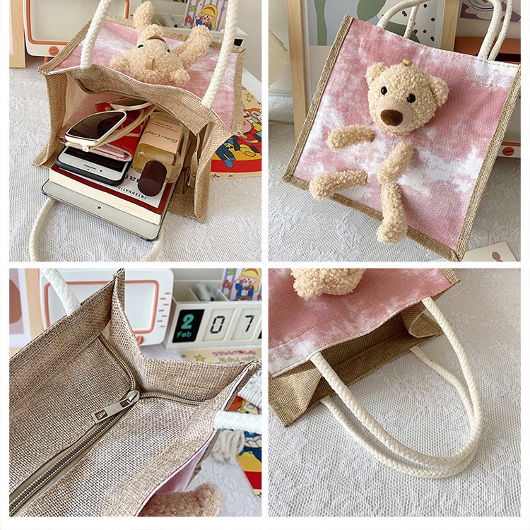 Túi cói tote mini Loang Gấu Phong cách Hàn Quốc TC004