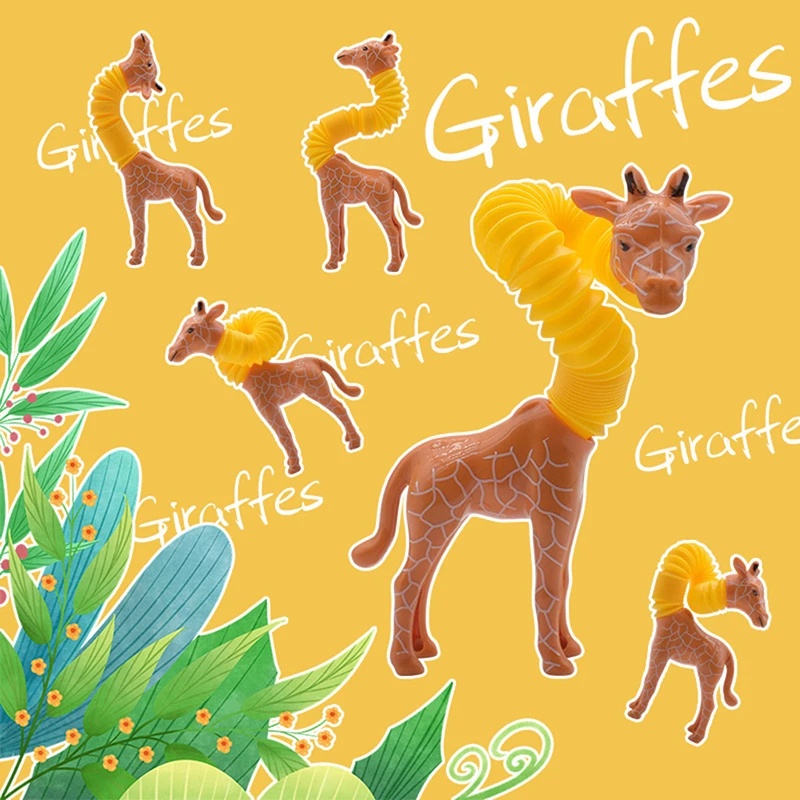 Children Retractable Pop Tubes Toy /Funny Sensory Learning Stretching Spring Tube Animals Toy /Kids Puzzle Cartoon Giraffe Stress Relief Toys