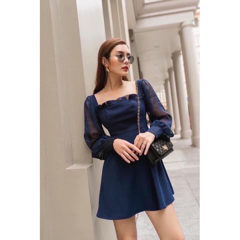 Đầm xoè cổ vuông xếp li 3 màu kèm ảnh thật