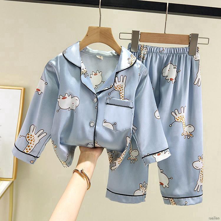 ruiaike  Baby Kids Girls Boys Cartoon Sleepwear Set Long Sleeve Silk Satin Button Blouse Tops + Pants Pajamas