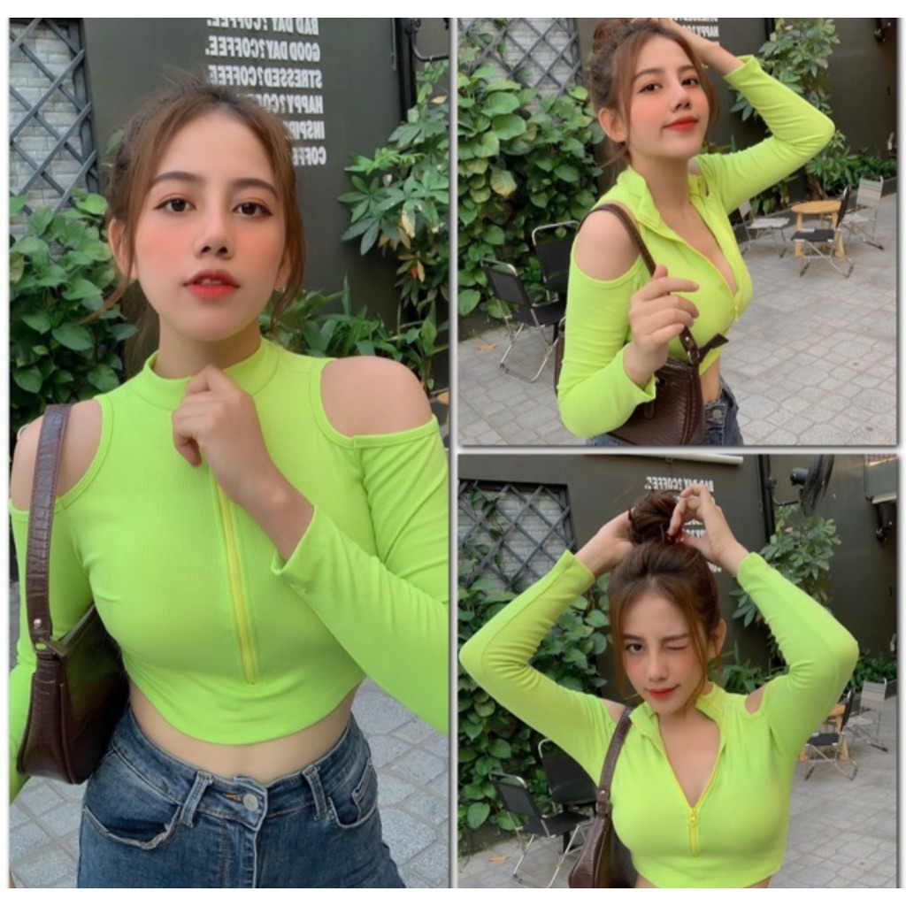 Áo Croptop Hở Vai Tay Dài Áo Crt Khoét Hở Vai Thun Gân Dài Tay Có Dây Kéo Hàn Quốc Sexy Ôm Body Đen Trắng Cam Xanh Vàng | BigBuy360 - bigbuy360.vn
