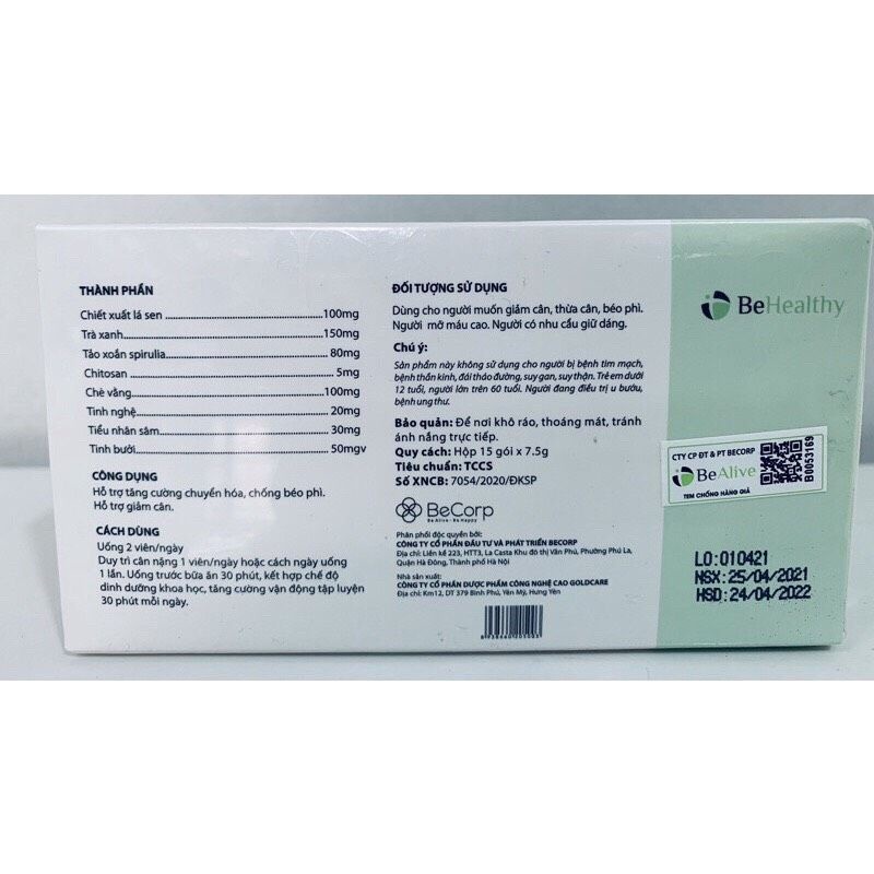 Giảm cân Slim Be BEALIVE Mẫu Mới dạng viên hộp 30 Viên chính hãng