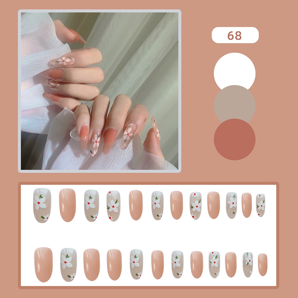 Set 24 Móng Tay Giả Trang Trí Họa Tiết Hoa Màu Cam