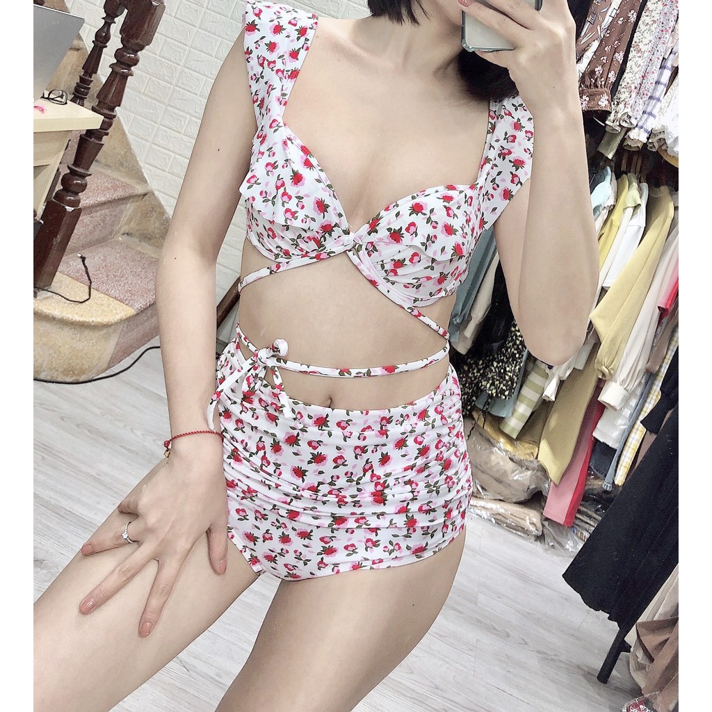 Đồ bơi, bikini hai cánh tiên ️Freeship️ nền trắng hoa hồng nhí mặc đi biển đi bơi đẹp