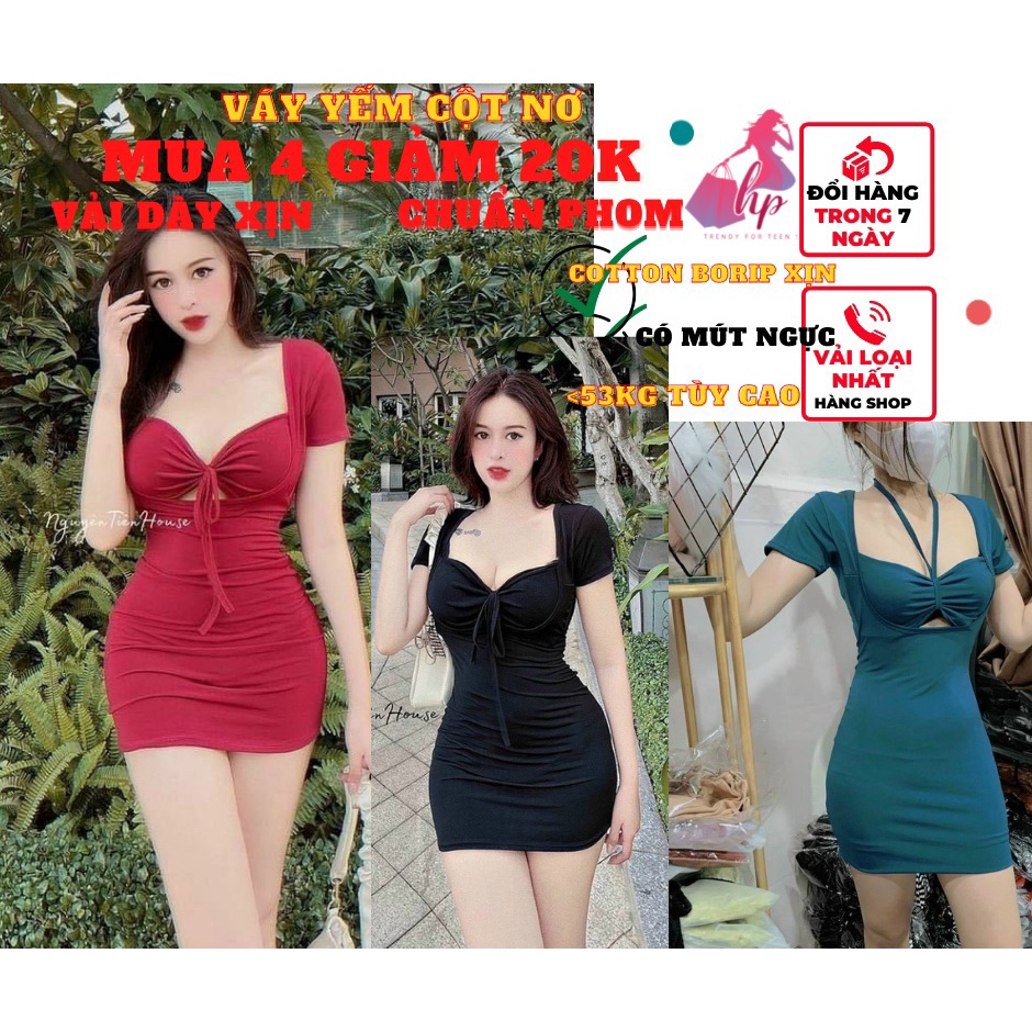 Váy đầm nữ kiểu yếm cột nơ dây tay ngắn ôm body có mút đen sang chảnh -VD126
